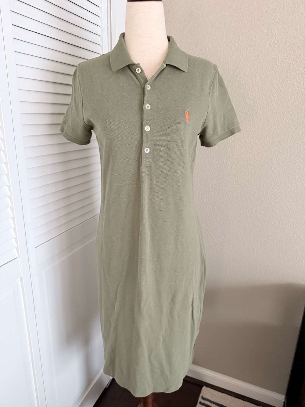 Ralph Lauren Olive Green Polo Midi Dress with Orange Pony